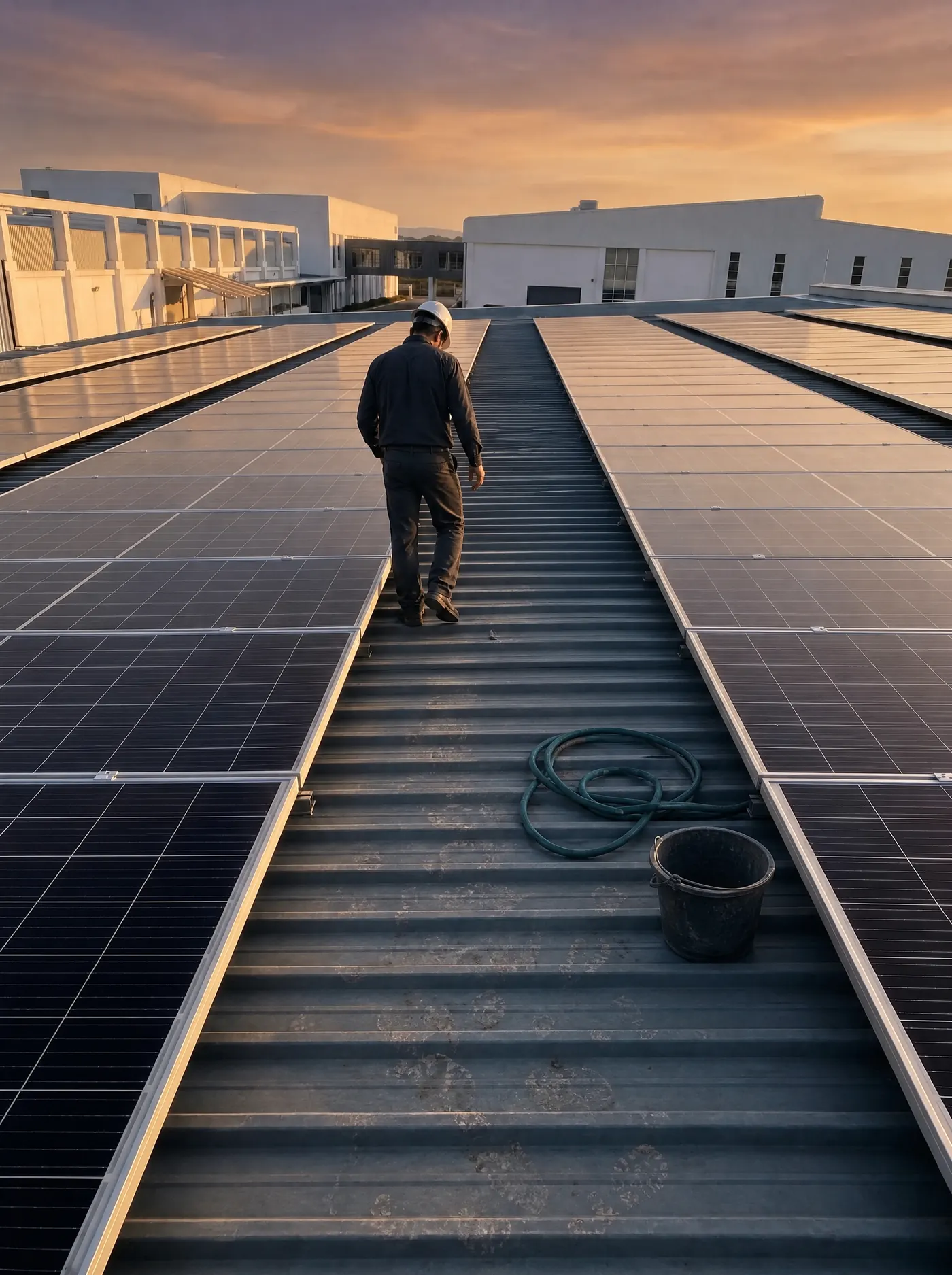 Antes: cubierta con paneles solares sin pasillo; un técnico camina sobre la lámina entre las filas de módulos, con una manguera y un balde en el suelo