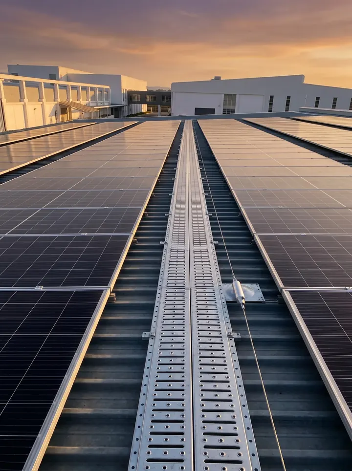 Pasillo técnico que se pierde en el horizonte entre paneles solares