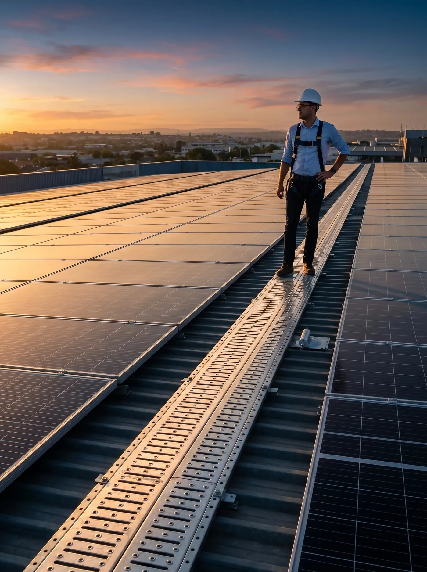 Técnico con casco y arnés de pie sobre un pasillo técnico en una cubierta con paneles solares